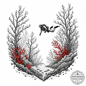A diver discovering an old shipwreck overgrow... - эскиз тату (№1752740668_0, 17.07.2025 08:24) — tattoo-photo.ru