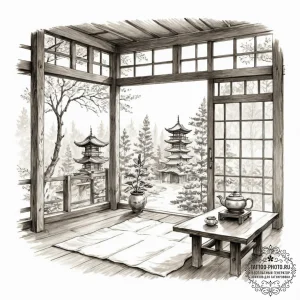 The interior of a traditional japanese tea ho... - эскиз тату (№1752740908_0, 17.07.2025 08:28) — tattoo-photo.ru