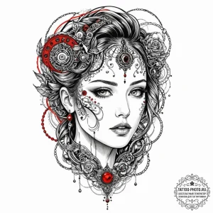 Trash polka style face of a replicant, half f... - эскиз тату (№1752742126_0, 17.07.2025 08:48) — tattoo-photo.ru