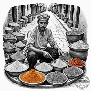 A photo of a street vendor in marrakech, arra... - эскиз тату (№1752745806_0, 17.07.2025 09:50) — tattoo-photo.ru