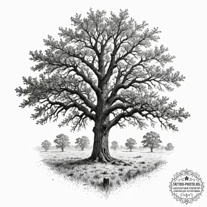 A single, ancient oak tree standing alone in... - эскиз тату (№1752745963_0, 17.07.2025 09:52) — tattoo-photo.ru