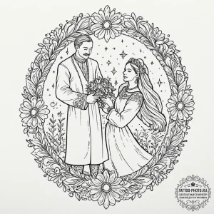 Tattoo sketch: a scene of a joyous slavic wed... - эскиз тату (№1752746196_0, 17.07.2025 09:56) — tattoo-photo.ru