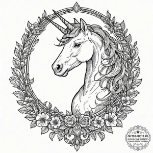 A linework tattoo of a unicorn, in a medieval... - эскиз тату (№1752746741_0, 17.07.2025 10:05) — tattoo-photo.ru