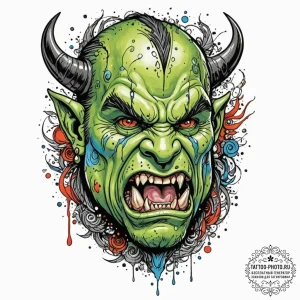 A trash polka tattoo of an orc's snarling fac... - эскиз тату (№1752747131_0, 17.07.2025 10:12) — tattoo-photo.ru