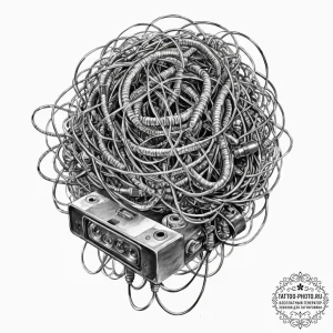 Trash polka composition of a human battery in... - эскиз тату (№1752752874_0, 17.07.2025 11:47) — tattoo-photo.ru