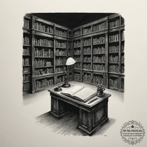 The interior of an old, dusty library at nigh... - эскиз тату (№1752753115_0, 17.07.2025 11:51) — tattoo-photo.ru