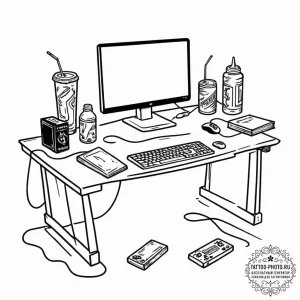 Tattoo sketch a gaming desk with a messy but... - эскиз тату (№1752755902_0, 17.07.2025 12:38) — tattoo-photo.ru
