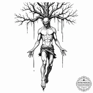 A sketch of a flayed body hanging from a tree... - эскиз тату (№1752756700_0, 17.07.2025 12:51) — tattoo-photo.ru