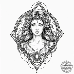 An elegant tattoo sketch of the goddess mokos... - эскиз тату (№1752758539_0, 17.07.2025 13:22) — tattoo-photo.ru