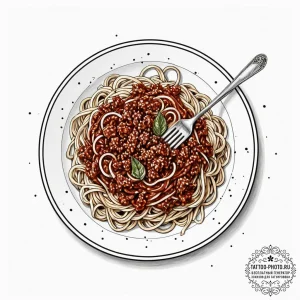 A messy, half-eaten plate of spaghetti bologn... - эскиз тату (№1752759261_0, 17.07.2025 13:34) — tattoo-photo.ru