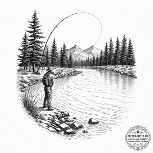A shot of a fly fisherman casting a line in a... - эскиз тату (№1752759819_0, 17.07.2025 13:43) — tattoo-photo.ru