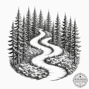 Tattoo design a winding path through a forest... - эскиз тату (№1752761091_0, 17.07.2025 14:04) — tattoo-photo.ru