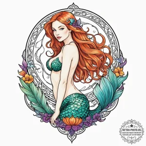 Mermaid, tattoo line art, vibrant colors, ful... - эскиз тату (№1752771307_0, 17.07.2025 16:55) — tattoo-photo.ru