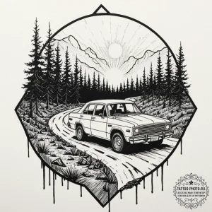 Tattoo sketch a post-apocalyptic vehicle driv... - эскиз тату (№1752771553_0, 17.07.2025 16:59) — tattoo-photo.ru