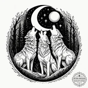 Tattoo design a wolf pack howling together un... - эскиз тату (№1752781458_0, 17.07.2025 19:44) — tattoo-photo.ru