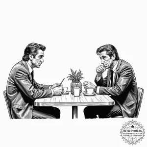 A graphic novel panel of the diner scene from... - эскиз тату (№1752784348_0, 17.07.2025 20:32) — tattoo-photo.ru