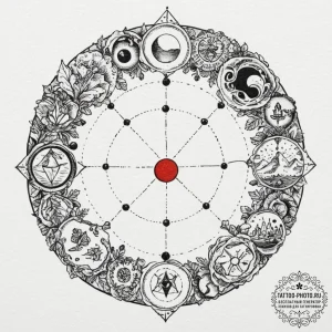 A dotwork tattoo of an alchemy circle., tatto... - эскиз тату (№1752784828_0, 17.07.2025 20:40) — tattoo-photo.ru