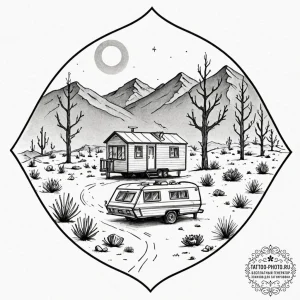 A shot of a mobile home park in the desert.,... - эскиз тату (№1752785067_0, 17.07.2025 20:44) — tattoo-photo.ru