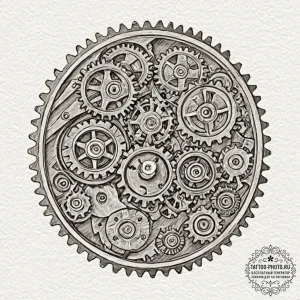 A close-up of a vintage watch movement, gears... - эскиз тату (№1752785624_0, 17.07.2025 20:53) — tattoo-photo.ru