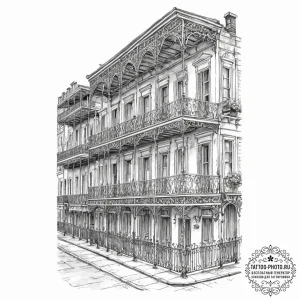 A detailed shot of ornate ironwork on a balco… — эскиз тату (№1752786100_0, 17.07.2025 21:01) — tattoo-photo.ru