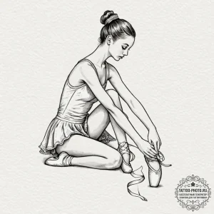 A ballerina tying the ribbons on her pointe s… — эскиз тату (№1752787533_0, 17.07.2025 21:25) — tattoo-photo.ru