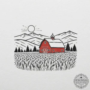 A classic red barn in a field of golden wheat... - эскиз тату (№1752791129_0, 17.07.2025 22:25) — tattoo-photo.ru