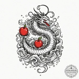 A neo-traditional tattoo of a "red apple" cig... - эскиз тату (№1752793194_0, 17.07.2025 22:59) — tattoo-photo.ru