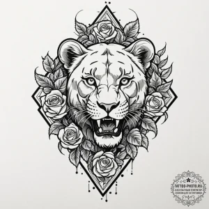 Tattoo design a fierce lioness's face, strong... - эскиз тату (№1752795029_0, 17.07.2025 23:30) — tattoo-photo.ru