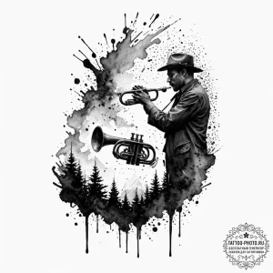 Tattoo design a lone bugle playing taps in a… — эскиз тату (№1752795899_0, 17.07.2025 23:44) — tattoo-photo.ru