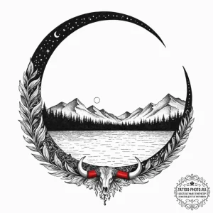 A design of veles's horns forming a crescent... - эскиз тату (№1752836983_0, 18.07.2025 11:09) — tattoo-photo.ru