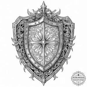 Tattoo sketch a knight's shield with battle d... - эскиз тату (№1752845358_0, 18.07.2025 13:29) — tattoo-photo.ru