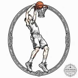 A low-angle shot of a basketball player dunki... - эскиз тату (№1752852615_0, 18.07.2025 15:30) — tattoo-photo.ru