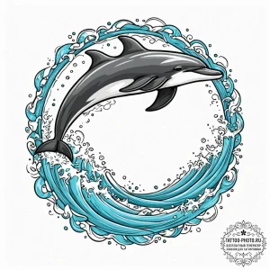 A playful dolphin leaping out of the ocean wa... - эскиз тату (№1752853030_0, 18.07.2025 15:37) — tattoo-photo.ru