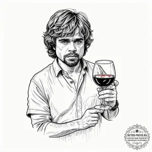 A sketch of tyrion lannister with a glass of... - эскиз тату (№1752855238_0, 18.07.2025 16:13) — tattoo-photo.ru