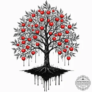 Apple tree, ink illustration for tattoo, tras... - эскиз тату (№1752856513_0, 18.07.2025 16:35) — tattoo-photo.ru