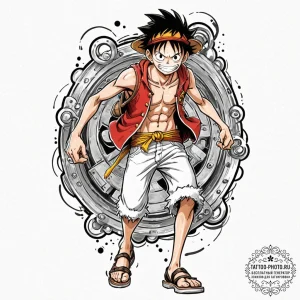 A trash polka composition of monkey d. luffy... - эскиз тату (№1752861818_0, 18.07.2025 18:03) — tattoo-photo.ru