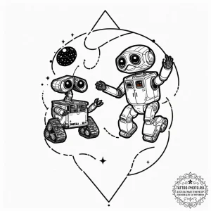 A linework tattoo of wall-e and eve dancing i... - эскиз тату (№1752863024_0, 18.07.2025 18:23) — tattoo-photo.ru