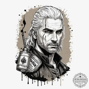 A trash polka tattoo of geralt of rivia, his... - эскиз тату (№1752864556_0, 18.07.2025 18:49) — tattoo-photo.ru