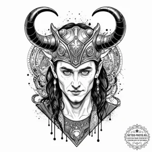 A sketch of loki, with his horned helmet and... - эскиз тату (№1752866757_0, 18.07.2025 19:25) — tattoo-photo.ru