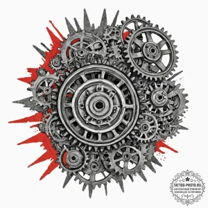 A close-up on the weathered, greasy gears of... - эскиз тату (№1752867265_0, 18.07.2025 19:34) — tattoo-photo.ru