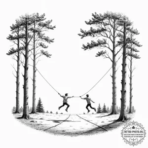 A shot of a person slacklining between two tr... - эскиз тату (№1752872216_0, 18.07.2025 20:56) — tattoo-photo.ru