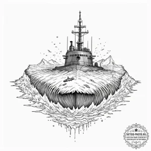 A submarine surfacing in the arctic, breaking... - эскиз тату (№1752873572_0, 18.07.2025 21:19) — tattoo-photo.ru