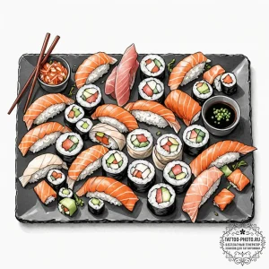 A spread of sushi and sashimi arranged artful... - эскиз тату (№1752875236_0, 18.07.2025 21:47) — tattoo-photo.ru