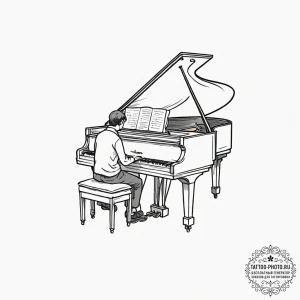 A person playing a grand piano in an empty co... - эскиз тату (№1752877658_0, 18.07.2025 22:27) — tattoo-photo.ru