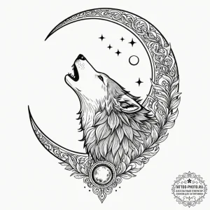 Tattoo sketch: a stylized wolf howling at a l... - эскиз тату (№1752881096_0, 18.07.2025 23:24) — tattoo-photo.ru