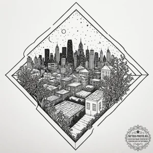 The view of a city from a rooftop garden at n... - эскиз тату (№1752882097_0, 18.07.2025 23:41) — tattoo-photo.ru