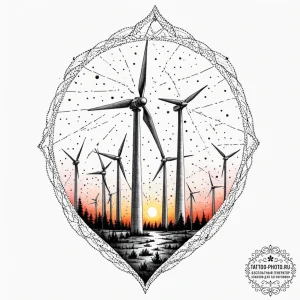 A wind turbine field at sunset., artistic tat... - эскиз тату (№1752883016_0, 18.07.2025 23:56) — tattoo-photo.ru