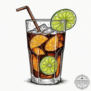 A shot of a glass of cola with ice and a lime... - эскиз тату (№1752884444_0, 19.07.2025 00:20) — tattoo-photo.ru