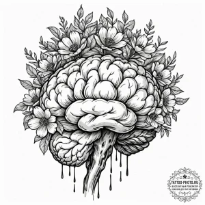 Tattoo sketch a human brain with blooming flo... - эскиз тату (№1752885200_0, 19.07.2025 00:33) — tattoo-photo.ru