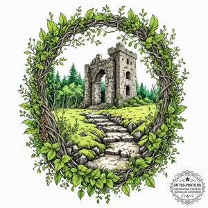 Tattoo design an ancient ruin covered in vine... - эскиз тату (№1752890199_0, 19.07.2025 01:56) — tattoo-photo.ru